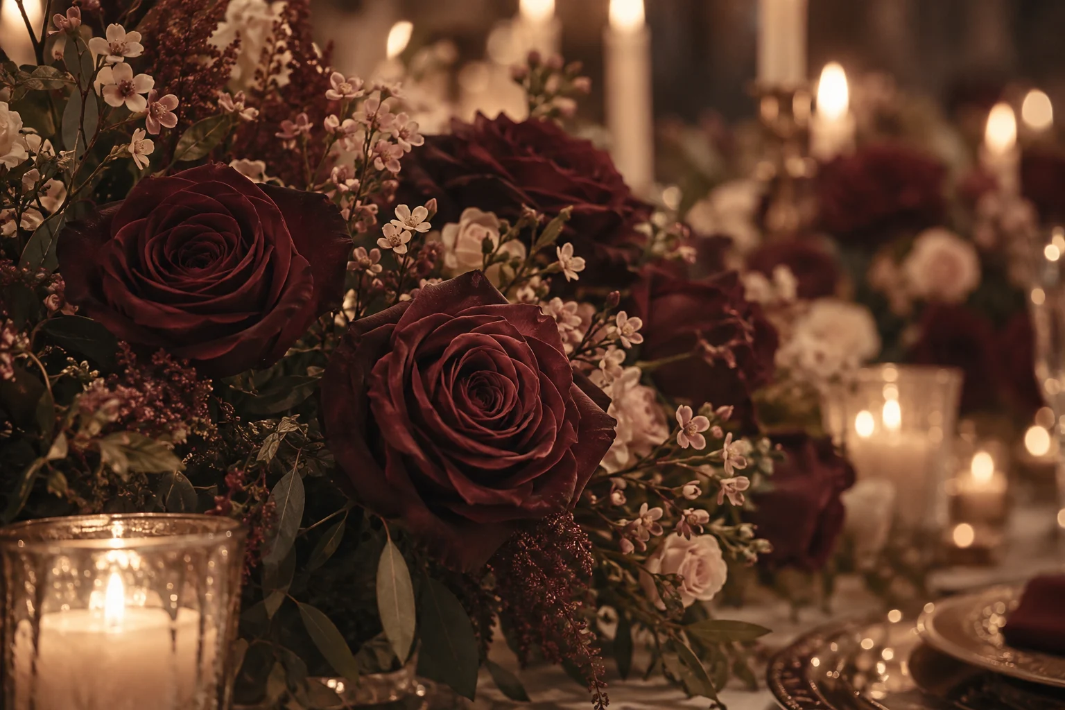 Dekorasi bunga burgundy dan cahaya lilin, visual demonstrasi AI.