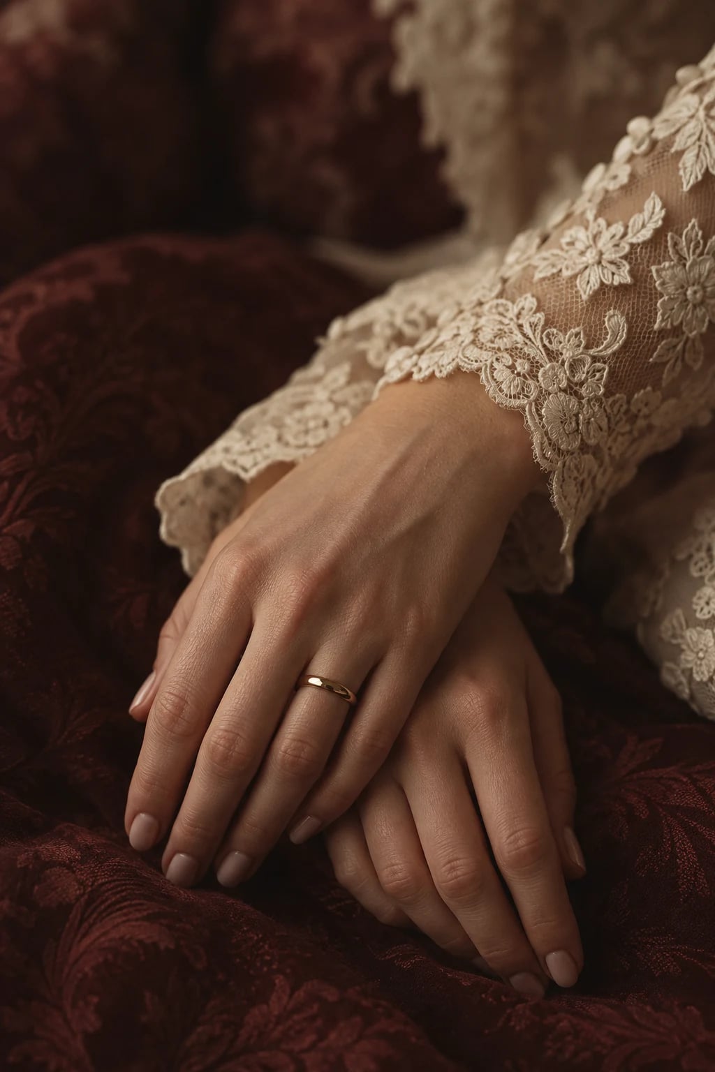 Tangan dan cincin — visual demonstrasi AI, bukan foto mempelai.